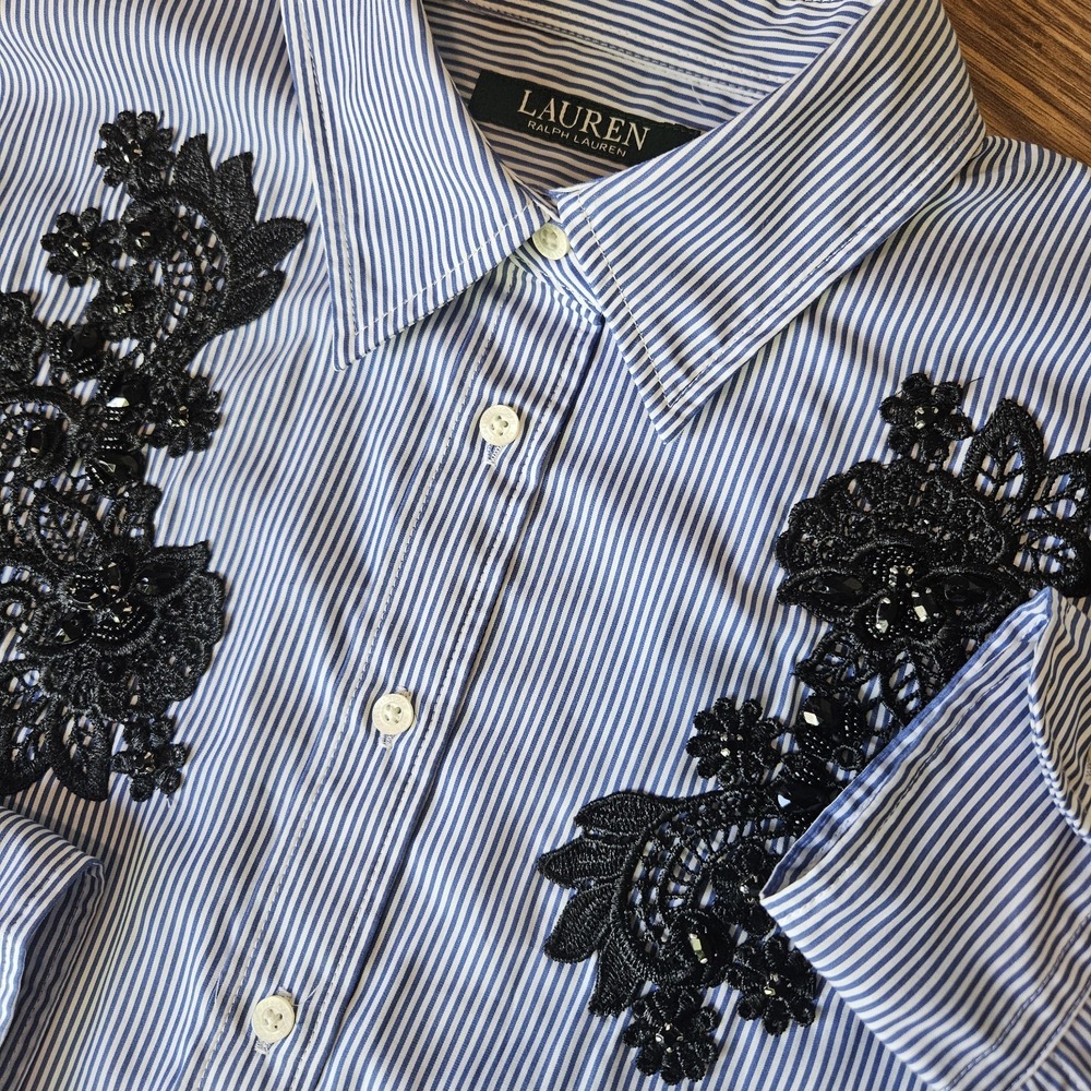 Ralph Lauren M Blue White Striped Collared Button-Up Lace Appliqué Long Sleeve